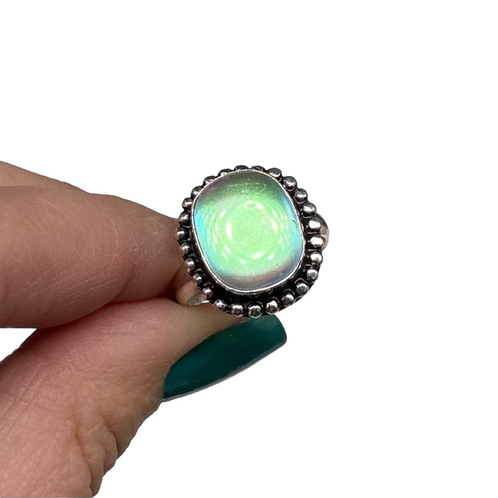 Aura mystic quartz Artisan Iridescent Opal-Like Stone 925 Silver Beaded Ring - Picture 4 of 6
